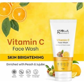 Globus Naturals Anti-Ageing Skin Brightening Vitamin C Face Wash, Enriched with Peach & Jujube, Skin Illuminating & Tan Removal Formula, For All Skin Types, Both Men & Women (75 g)