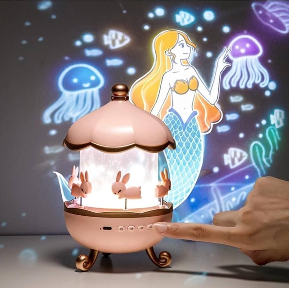 Spot Hunt Bunny Carousel Night Light Projector, 6 Set Films Rotating LED Lamp, Star Projection Light for A Magical Nursery Atmosphere, Rotatable Rabbit Night Lamp for Kids Room Decor (Bunny Night