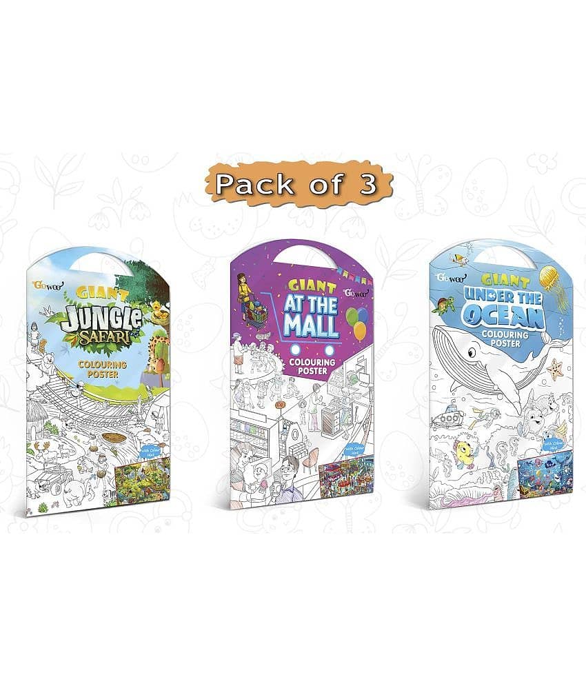 GIANT JUNGLE SAFARI COLOURING POSTER, GIANT AT THE MALL COLOURING POSTER and GIANT UNDER THE OCEAN COLOURING POSTER | Combo of 3 Posters I Intricate coloring posters for adults