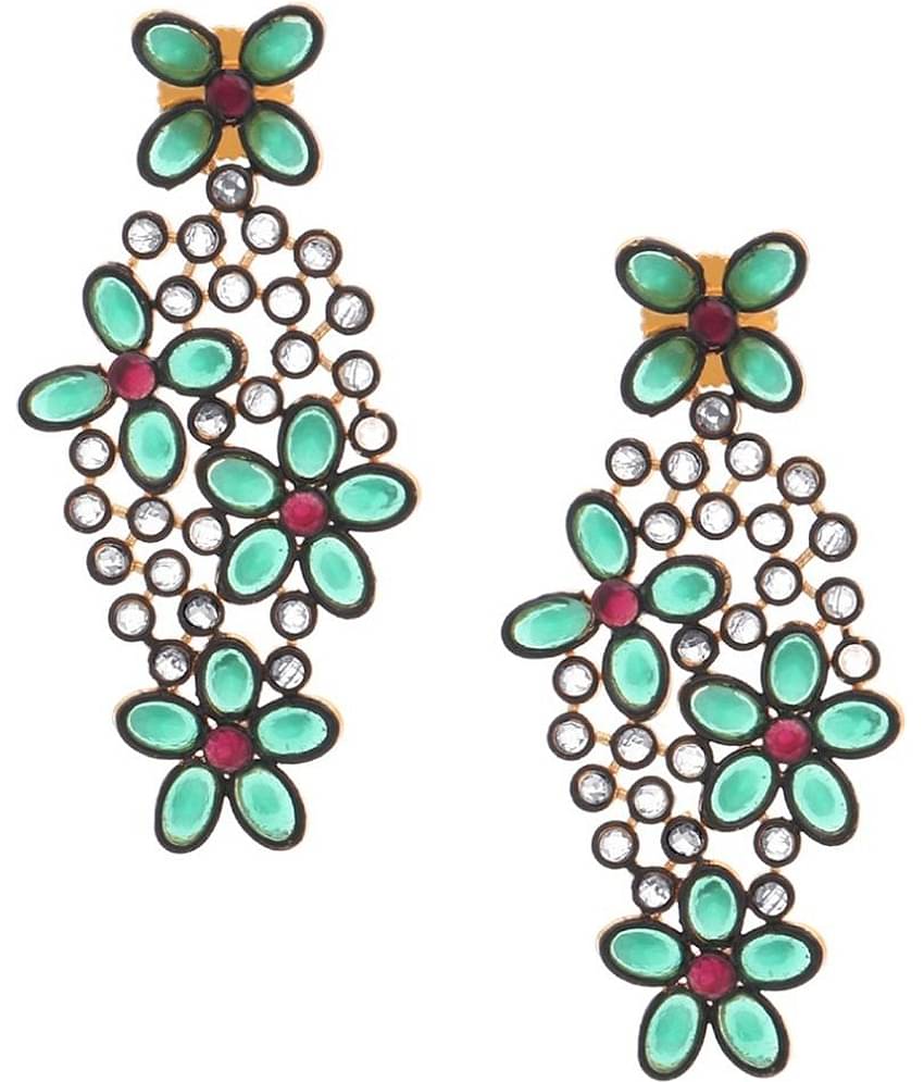 The Jewelbox Brass Gold Plating Beads Studded Green Coloured Earrings