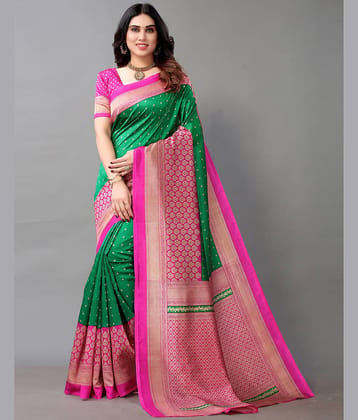 Samah Silk Printed Saree With Unstitched Blouse Piece ( Green )