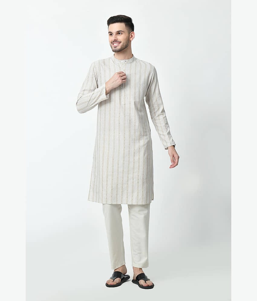 AMBI Cotton Blend Striped Regular Kurta For Men ( Beige )