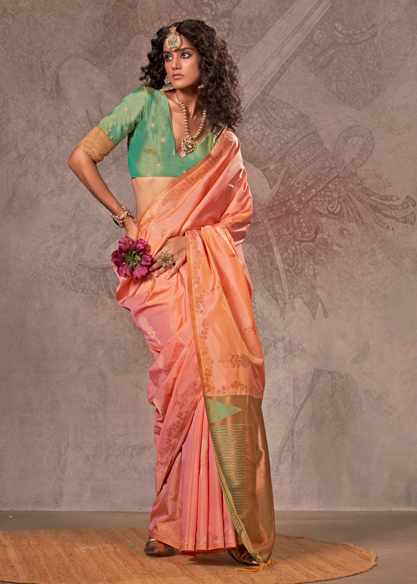Salmon Peach Dual Tone Banarasi Silk Saree