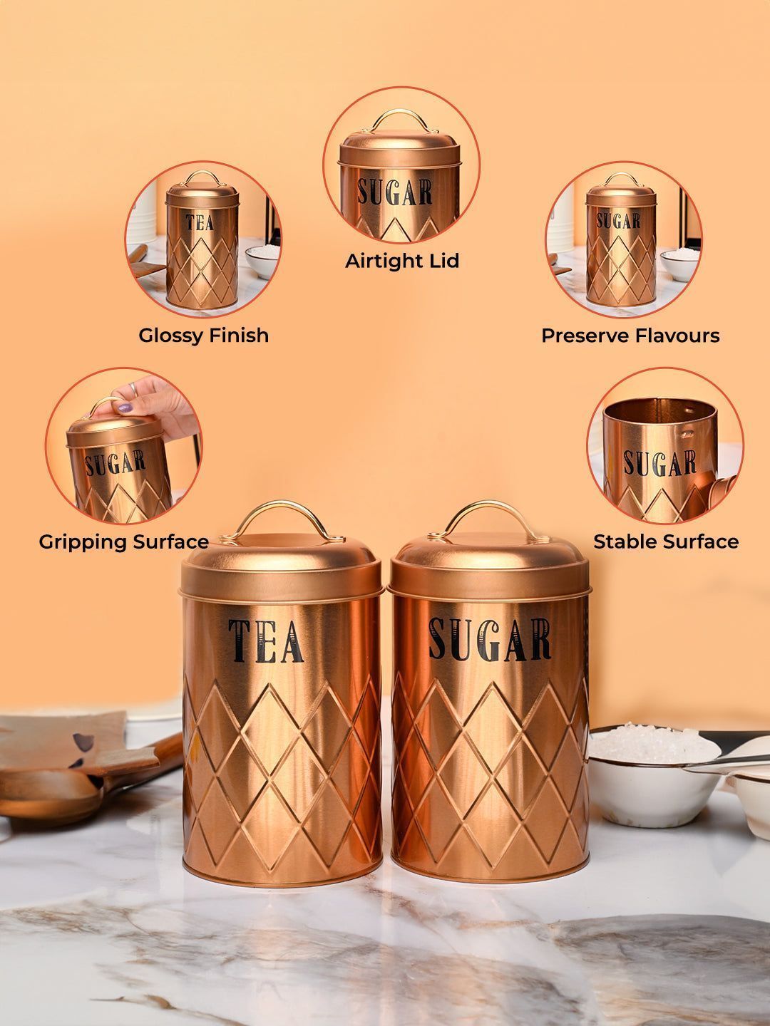 Market99 Tea & Sugar Jar Set of 2 - Golden Tin Glossy Finish