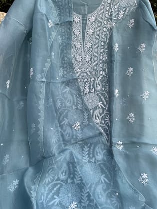 Organza Chikankari Length with Dupatta (Pearl Work) - Blue Grey-Blue Grey / Organza / Pearl Work