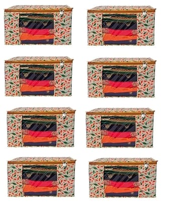 Bindian Multipurpose Saree Cover for Wardrobe Storage | Premium Non-Woven Fabric Cloth Organizer Box with Transparent Window & Zipper | Ideal for Storing Sarees & More (Beige, Pack of 8)