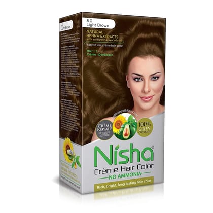 Nisha Creme Hair Color, Permanent Hair Colour Light Brown, Silky & Shiny 100% Grey Coverage & Ammonia Free Color With Natural Henna Extract, 60G+60Ml Nisha Creme Hair Color, Permanent Hair Colour Light Brown, Silky & Shiny 100% Grey Coverage & Ammonia Fr