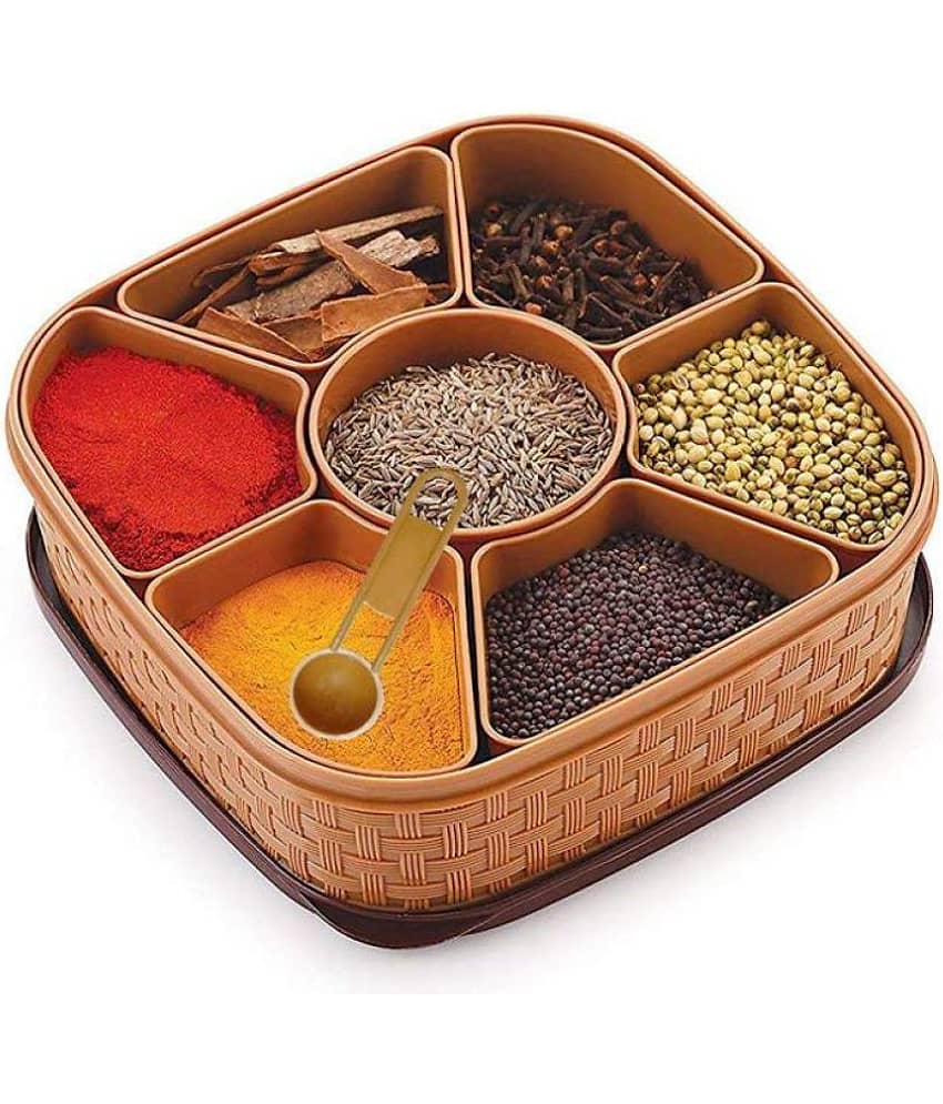 Masala Rangoli Box Dabba for Keeping Spices, Spice Box for Kitchen, Plastic Wooden Style Masala Box, Masala Container, Masala Dabba