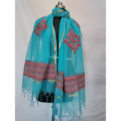 Ajrak Applique Kota Doria Beaming Blue Dupatta