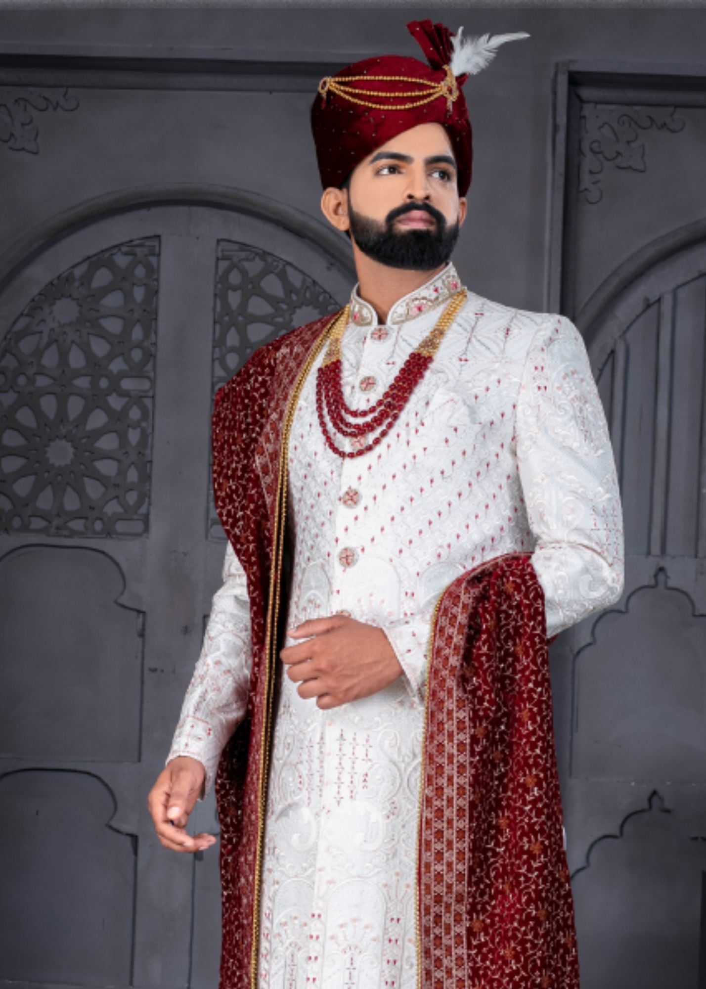 White and Maroon Designer Sherwani for Groom-S