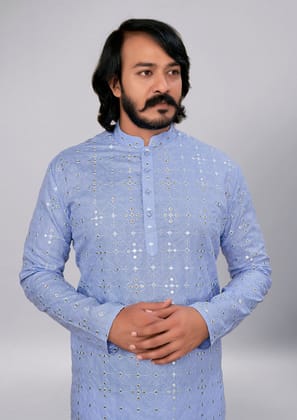 Men's Mirror worked embroidered kurta (Only Kurta)-S / Blue