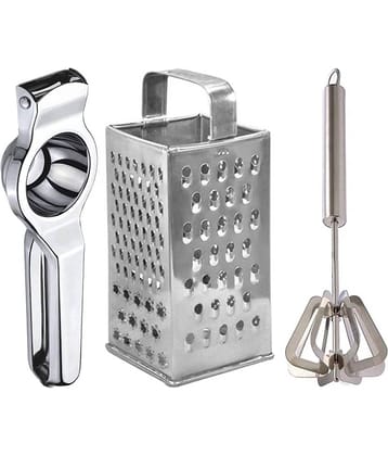 JISUN - Silver Stainless Steel Lemon Squeezer & Grater & Mathani ( Set of 3 )