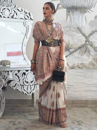 White Kashmiri Jamewar Handloom Saree With Blouse
