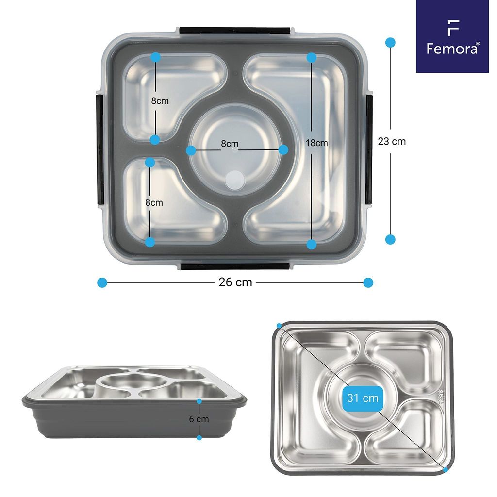 Femora High Steel Container Rectangle Lunch Box for Office-College-School - (Not Leakproof) (4 Pots) - Black