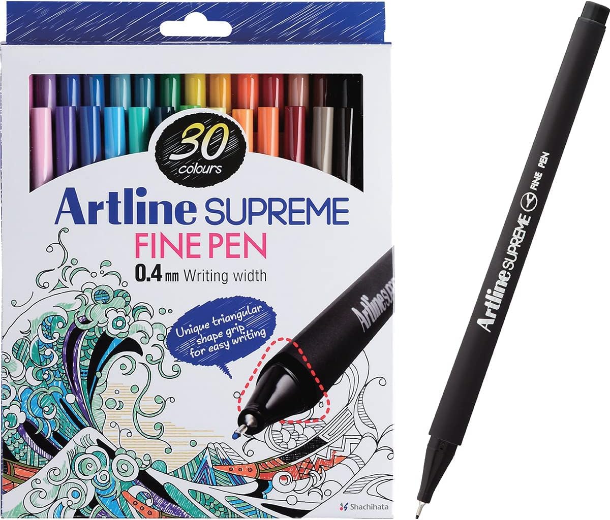 Artline Supreme Fine Pen Set of 30 | Unique Triangular Shape Grip Premium Range Fine Pen For Writing, Sketching, Hatching, Illustration On Paper, Card & Letters