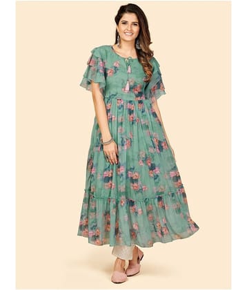 Vbuyz Georgette Printed Anarkali Women's Kurti - Turquoise ( Pack of 1 )