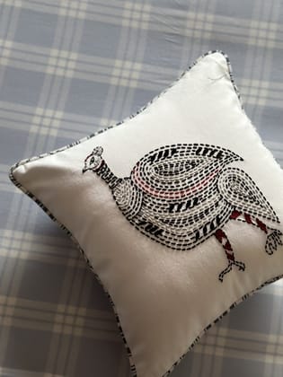 KRI India The Minimalist Quail Cushion cover|16x16 inches | White with blue, black & crimson embroidery  | Wash & Care | 100% Cotton | Handcrafted in India. 100% organic & natural.