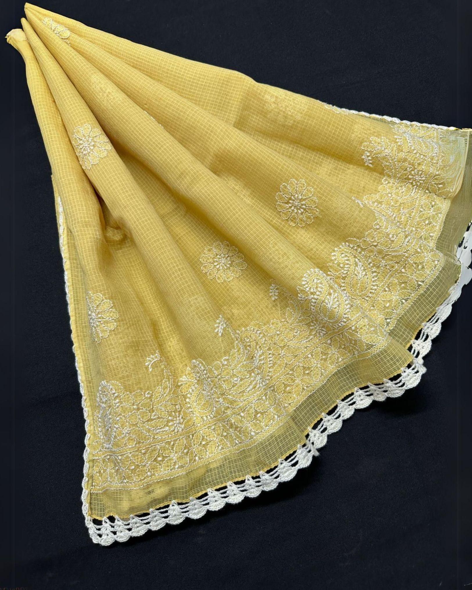 Chikankari Kota Doria Yellow Dupatta