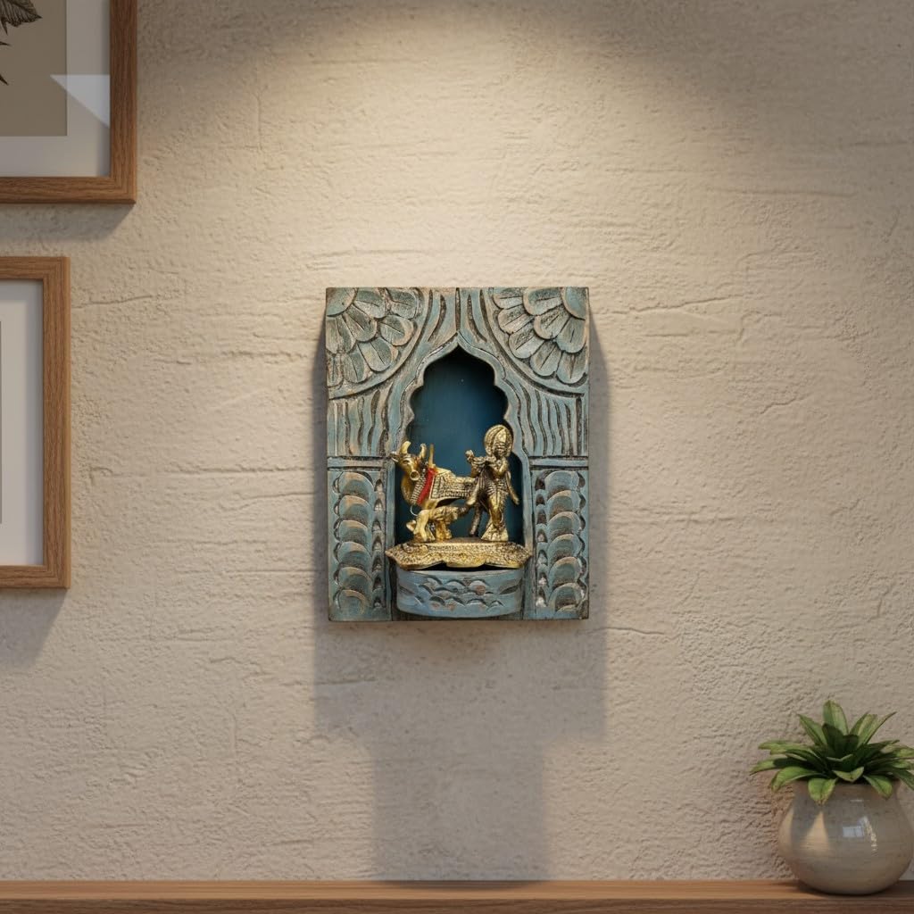 PREET GALLERY Handcrafted Wood Wall Hanging Jharokha | Decorative Wall Showpiece, Wood for Wall Decor/Home Decor for Gift, Office, Puja Room Decor-Handcrafted Wall Art of Lord Krishna with Cow