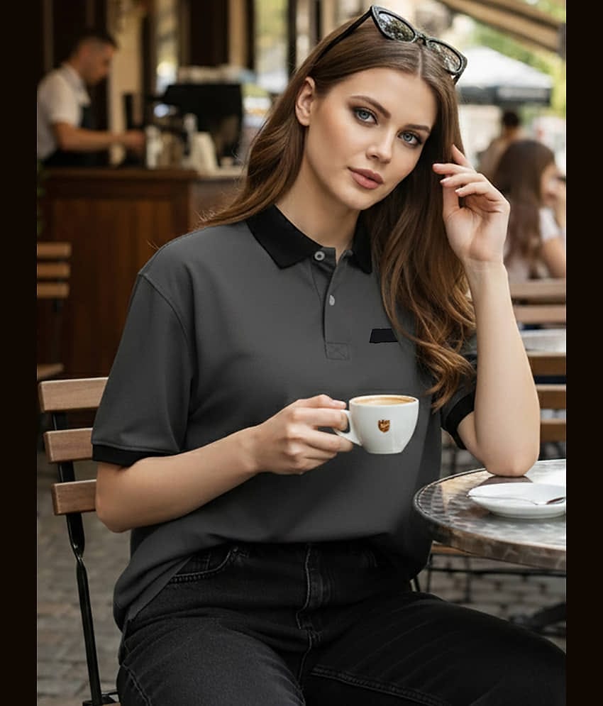 GET GOLF Women Cotton Blend Oversized Fit Polo Collar T-Shirt ( Charcoal )