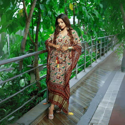 Stylish and Elegant Patola Style Maroon Kaftan by GlamaStitch-Free Size Up To XXL-44