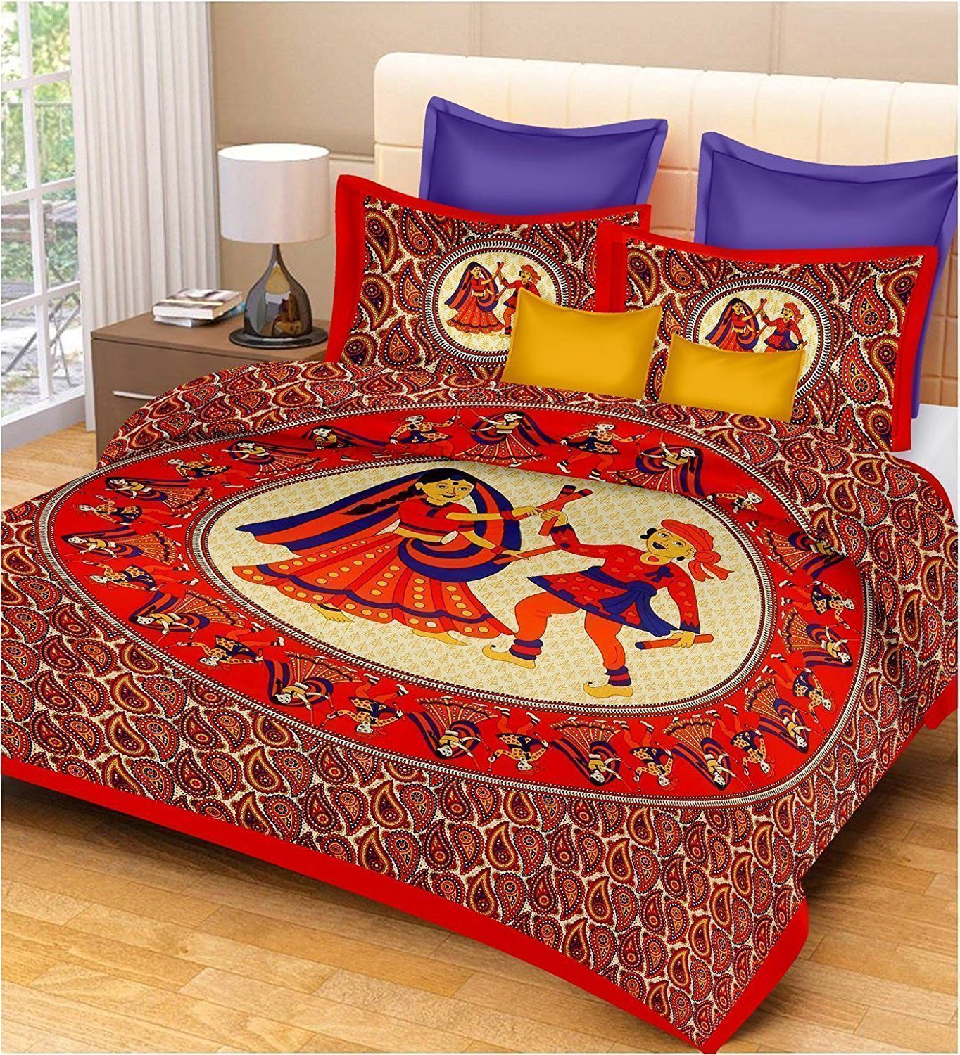 3001-Hometrade India-Standard King Size (90*108 Inches)-Buy Pure Cotton Jaipuri Printed Flat King Size Double Bedsheet With 2 Matching Pillow Cover