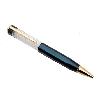 Srpc White Crystal Diamond Teal Blue Metal Body Ballpoint Pen With Golden Trims & Blue Refill