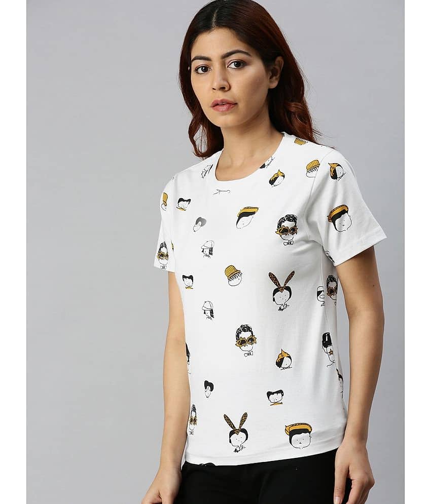 JUNEBERRY Women Cotton Printed Regular Fit Round Neck T-Shirt ( White )