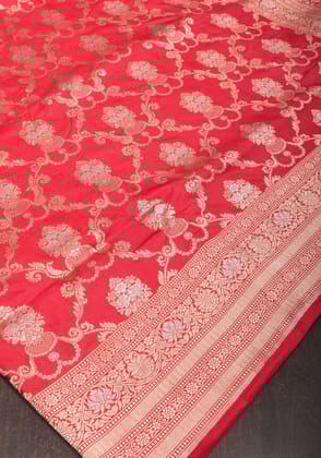 Red tone Exquisite Banarasi Katan Silk saree with Florals Alfi Jaal  | SILK MARK CERTIFIED
