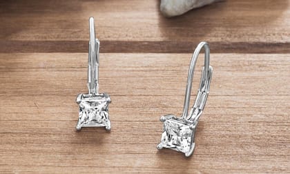 Princess Cut Swarovski Elements Simple Leverback Earrings in 14K White Gold
