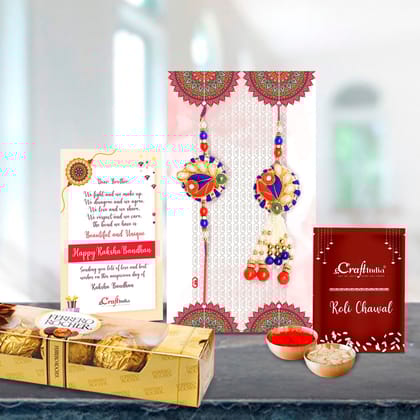 Bhaiya Bhabhi Designer Rakhi with Ferrero Rocher (4 pcs) and Roli Chawal Pack, Best Wishes Greeting Card