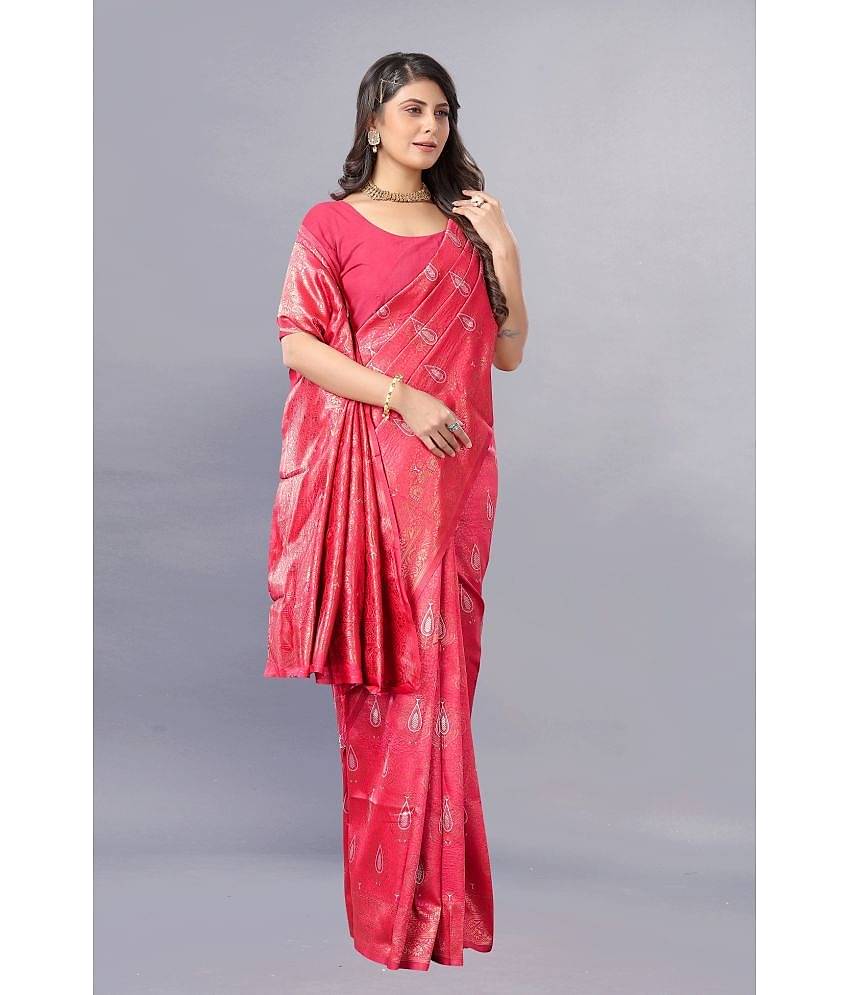 Gazal Fashions Banarasi Silk Embellished Saree With Unstitched Blouse Piece ( Pink )