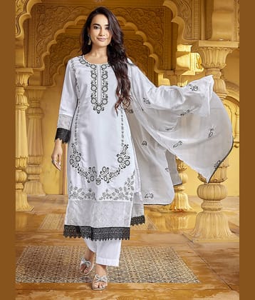 Royal Export Chanderi Embroidered Kurti With Pants Women's Stitched Salwar Suit - White ( Pack of 1 )