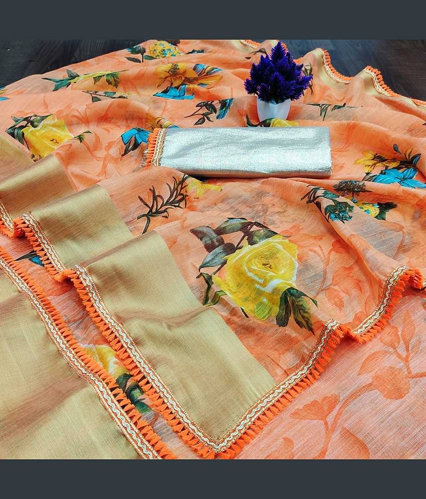 Kanooda Prints Linen Printed Saree With Unstitched Blouse Piece ( Multicolor )