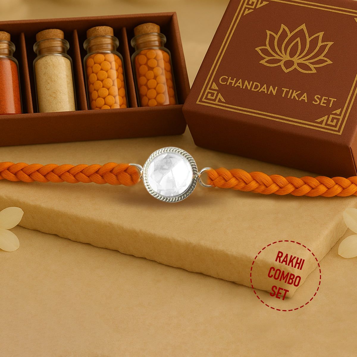 92.5 Silver polki Rakhi with Chandan Tilak Set