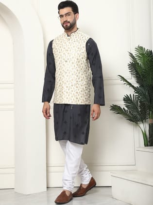 Men's Cotton Silk Neck Embroidered Grey Kurta and White Pyjama With Cream Nehru Jacket Set-42