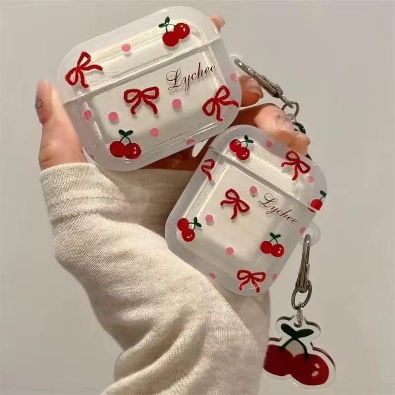 Korean Cute Bow Cherry Airpod Silicone Case With Lanyard-Airpod (1st Gen / 2nd Gen)