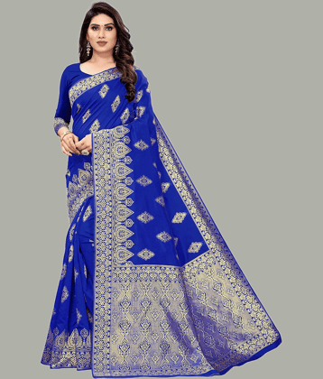 GARIYA Banarasi Silk Embellished Saree With Unstitched Blouse Piece ( Blue )