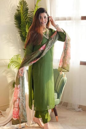 Organza Set with Embroidery-Green / 38