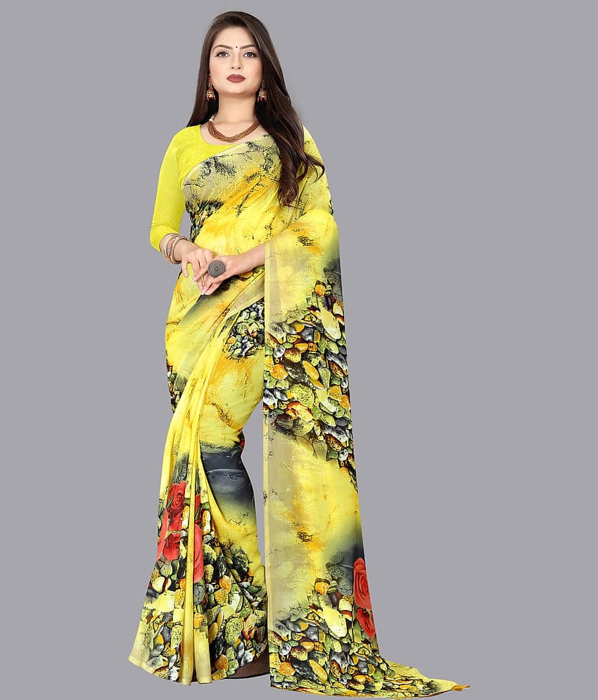 ANAND SAREES Georgette Printed Saree With Unstitched Blouse Piece ( Yellow )