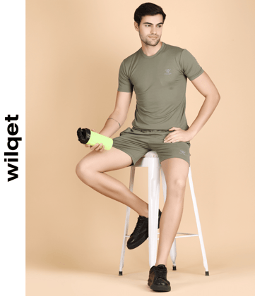 Mens Dryfit Sports Solid Lycra SS Round Neck T-Shirts & Shorts Combo Set-Olive / M