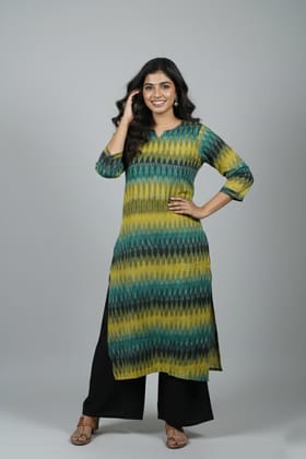Rivaaj Ethnic Avika Straight Kurta (M) | Handwoven Green Ikkat Cotton | Stylish Split V-Neck | Traditional Wear