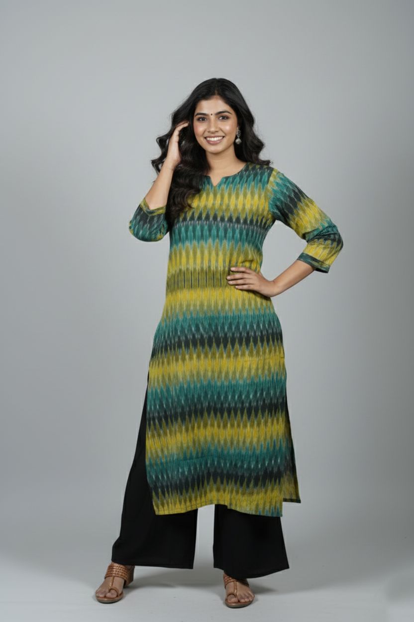 Rivaaj Ethnic Avika Straight Kurta (M) | Handwoven Green Ikkat Cotton | Stylish Split V-Neck | Traditional Wear