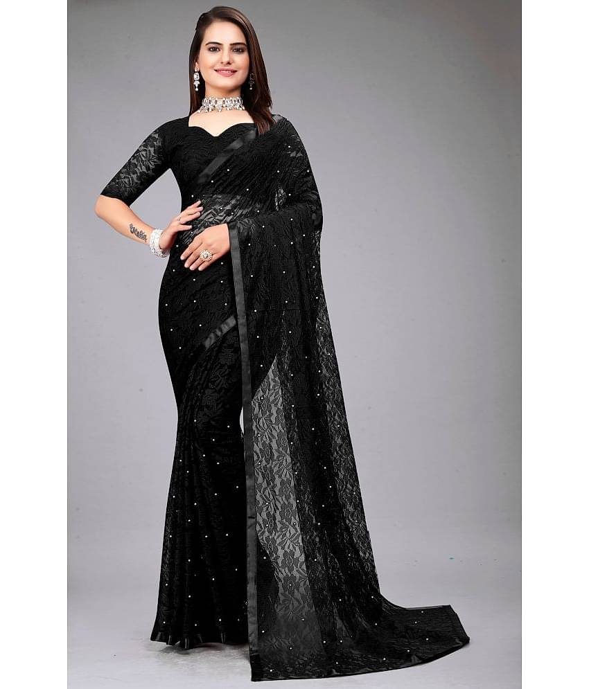 VANRAJ CREATION Net Self Design Saree With Unstitched Blouse Piece ( Black )