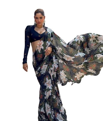 Generic Women's Georgette Floral Printed Saree with Unstitched Blouse Piece, Soft Lightweight 5.5 m Sari for Daily, Office and Wear (Black, Design 67592)