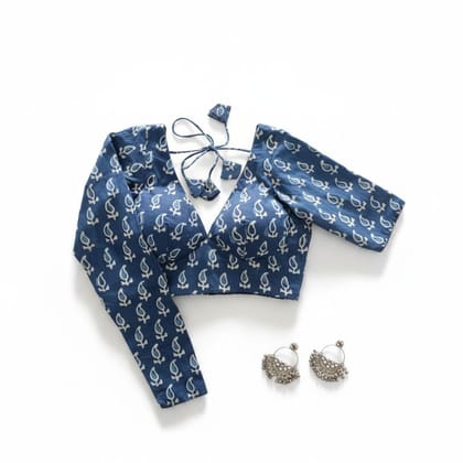 Blue Paisley Print Ethnic Blouse with Earrings