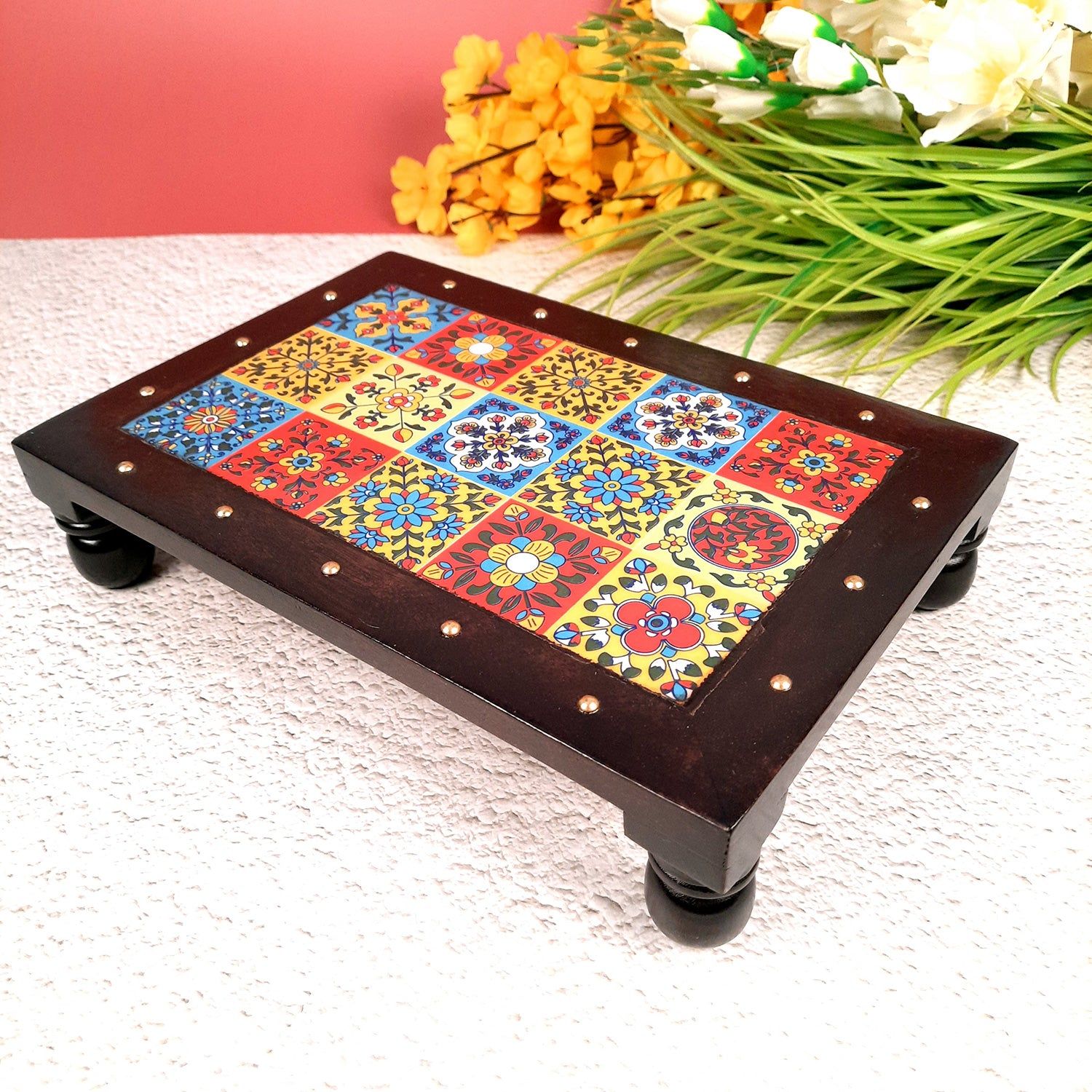 Puja Chowki Bajot | Patla with Ceramic Tile Top | Wooden Peeta - For Pooja, Sitting & Home Decor - 12 Inch