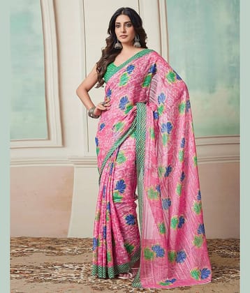 Nandini Creation Georgette Solid Saree With Unstitched Blouse Piece ( Pink )