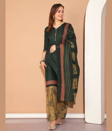wonder weave Women Cotton Blend Printed Straight Kurti With Patiala Salwar ( Green )