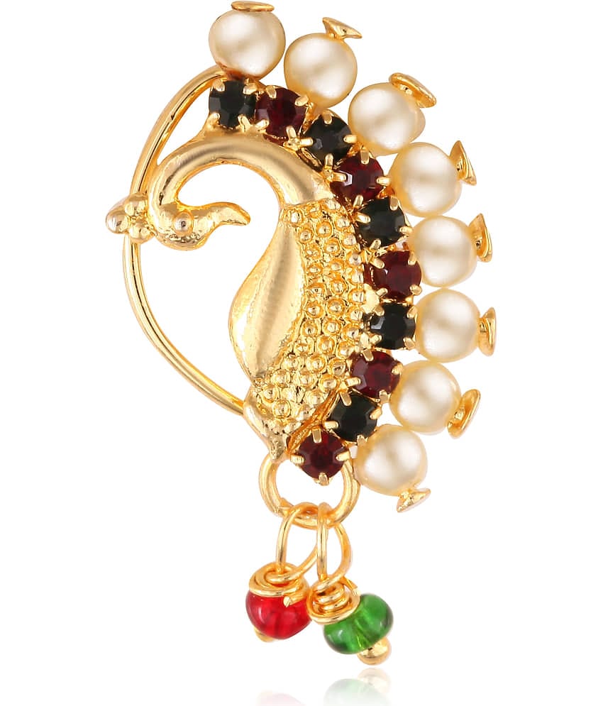 Vighnaharta Gold Plated with Peals Alloy and CZ stone Non Piercing Maharashtrian Nath Nathiya./ Nose Pin for women  [VFJ1087NTH-Press-Multi ]